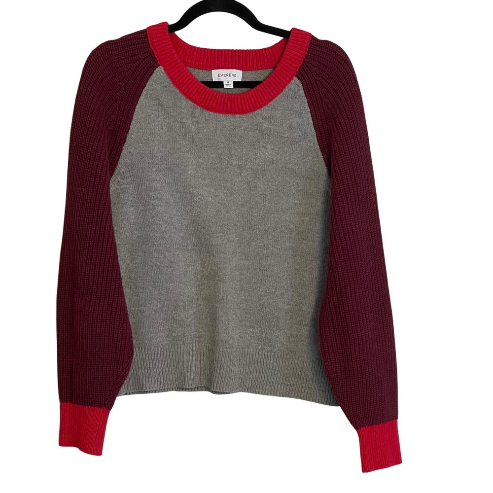 Evereve Womens Colorblock Raglan Sweater‎ Grey Burgundy Red Crew Neck Size M